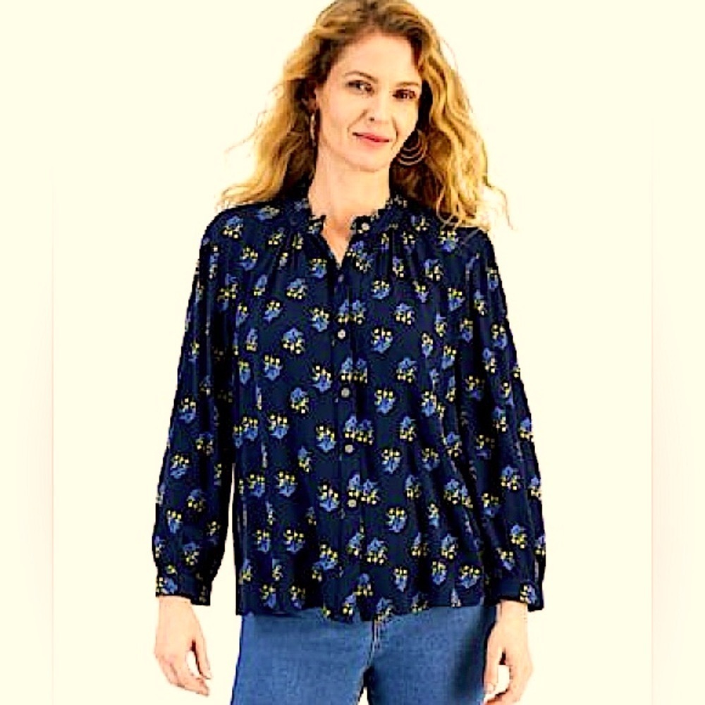 NEW Button Down Long Sleeve Blouse Navy Blue with Yellow + Dockside Blue Floral